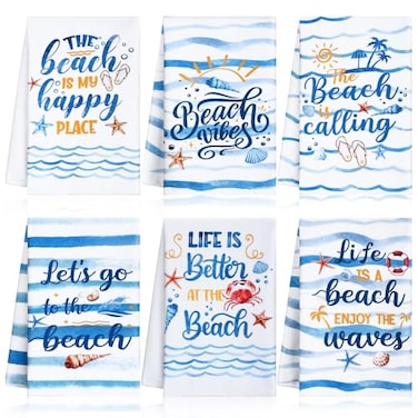 Peryiter 6 Pcs Coastal Beach Kitchen Towels 24 x 16 in Summer Ocean Nautical Dish Towels Absorbent Decorative Blue Summer Hand Towel for Bathroom Kitchen Farmhouse Seasonal Decor Housewarming Gift