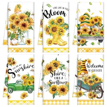 Tudomro 6 Pcs Sunflower Kitchen Towels Gnome Dish Seasonal Beach Cloth Summer Tea Towel Sunshine Nautical Kitchen Hand Tea Towels Housewarming Gift for Home