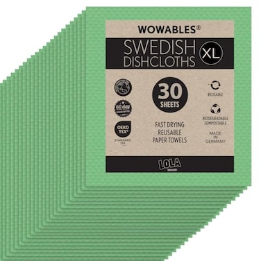 LOLA Swedish Dishcloths for Kitchen XL 30 Sheet Roll Biodegradable Compostable Reusable Paper Towel Cleaning Cloths 11 x 10 No Odor Washing Dishes Ultra Absorbent Cellulose Sponge Towel By