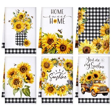 Geyoga 6 Pcs Spring Floral Kitchen Towels Flamingo Dish Hand Towels Sunflower Daisy Flower Wildflower Tea Cloths for Spring Easter Kitchen Bathroom Decor 16 x 24 InchYellow BlackSunflower