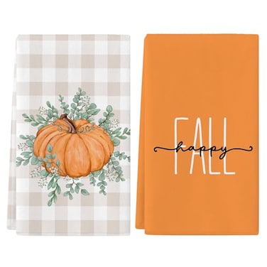 Siilues Fall Kitchen Towels 18 x 26 Inch Fall Decorations for Home Happy Fall Decor Pumpkin Dish Towels Seasonal Thanksgiving Decorations for Home Kitchen Decor Hand Towels Set of 2