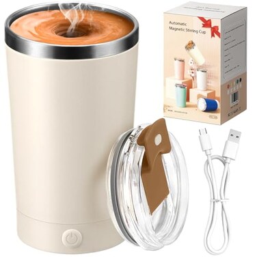 hatisan Self Stirring Coffee Mug With Lid Electric High Speed Self Stirring Mug 400ml Rechargeable Detachable Stainless Steel Self Stirring Cup for Coffee Milk Cocoa Christmas GiftBeige