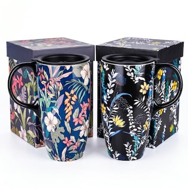 TZSSP 17oz Ceramic Coffee Mug Set of 2 with Lids Gift Boxes Art Nouveau Tropical Wildflower Floral Porcelain Tea Cups Microwave Dishwasher Oven Freezer Safe for Home Office Use