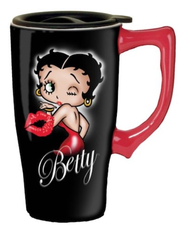 Spoontiques Insulated Travel Mug Betty Boop Hearts Ceramic Coffee Cup Coffee Lovers Gift Funny Coffee Mug 15 oz Black