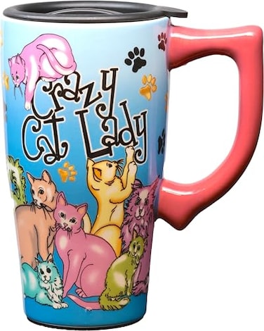 Spoontiques Ceramic Travel Mugs Crazy Cat Lady Cup Hot or Cold Beverages Gift for Coffee Lovers