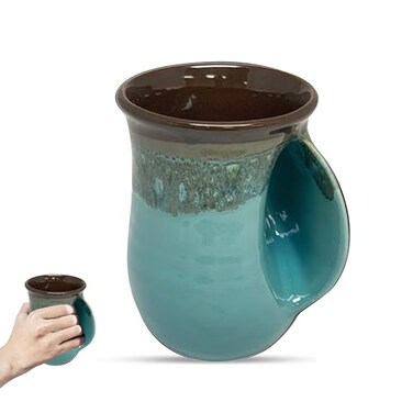 Clay in Motion Hand Warmer Coffee Mug Handmade Coffee Mug With Comfortable Handle Contoured Pocket Hand Warming Ceramic Coffee Mug Proudly Made in USA Right Handed 14 Oz Ocean Tide