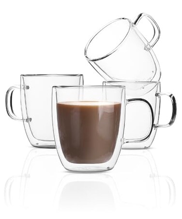 Brew To BTaT Double Walled Glass Coffee Mugs 12 oz Set of 4 Glass Coffee Cups with Handle Insulated Clear Coffee Mug for Hot Beverages Cappuccino Latte Tea Americano Microwave Freezer Safe