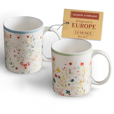 Maison d' Maison d Hermine Coffee Mug with Handles Fine Bone China Mugs Pack of Two Tea Cups for Hot Beverages Cappuccino Latte Home Restaurant Hotel Spring Summer Colmar Pack of 2 12 Ounce