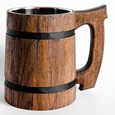 Etno Motif Old Style Viking Beer Tankard Wooden Handmade Retro Brown Cup Oak Beer Tankard Eco Friendly Beer Mug for Men Great Gift Idea