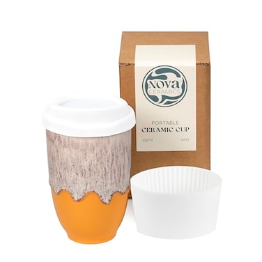 NOVA CERAMICS Grapefruit 12oz Travel Mug To Go Coffee Tumbler With Lid Microwave Dishwasher Safe Unique Design Modern Style Reusable Adults