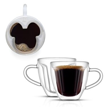 JoyJolt Disney Mickey Mouse 3D Espresso Cups 54oz Glass Set of 2 Insulated Double Wall Design Unique Coffee Mugs