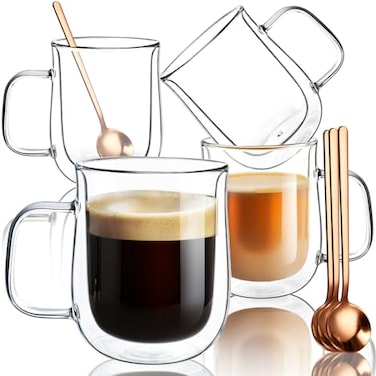 COMOME Double Walled Glass Coffee Mugs 12 oz Glass Coffee Cups Set of 4 with Spoons Clear Coffee Mug with Handles for Hot Beverages Cappuccino Latte and Tea Bags