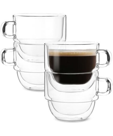 Brew To BTaT Double Walled Stackable Glass Coffee Mugs 8 oz Set of 4 Glass Coffee Cups with Handle Insulated Clear Coffee Mug for Hot and Cold Beverages Cappuccino Latte Tea Americano