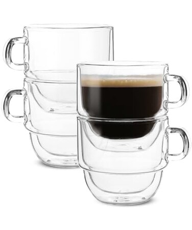 Brew To BTaT Double Walled Stackable Glass Coffee Mugs 16 oz Set of 4 Glass Coffee Cups with Handle Insulated Clear Coffee Mug for Hot and Cold Beverages Cappuccino Latte Tea Americano
