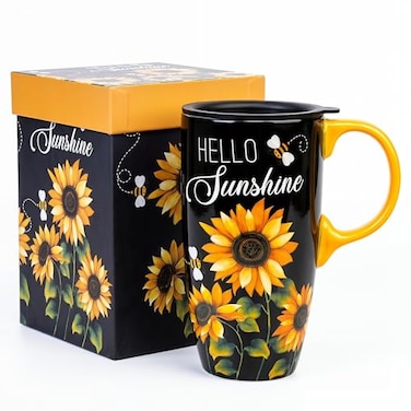 Topadorn Ceramic Travel Mug with Lid 17 oz Hello Sunshine Coffee Mug with Handle Sunflower Travel Cup Microwave Dishwasher Safe Gift Box Included
