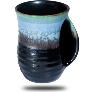 oojdzoo Hand Warmer Mug for Coffee 16 Ounce Large Hand Warming Mugs Handmade Pottery Ceramic Gift for Thanksgiving Christmas with Contoured Pocket Keep Your Fingers Warmth Right Handed Blue