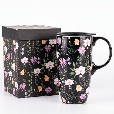 Topadorn 17oz Ceramic Travel Mug with Lid and Handle Farmhouse Floral Coffee Mug Spill Proof Reusable Cup Microwave Dishwasher Safe Gift Box Included
