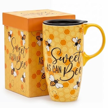 Topadorn Bee Lover Ceramic Travel Mug with Lid 17oz Sweet As Can Bee Coffee Mug Microwave Dishwasher Safe Gift Box Included