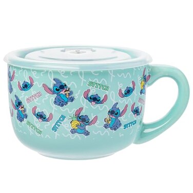 Silver Buffalo Disney Lilo and Stitch Snack and Food Pattern Ceramic Soup Mug with Vented Plastic Lid 24 Ounces