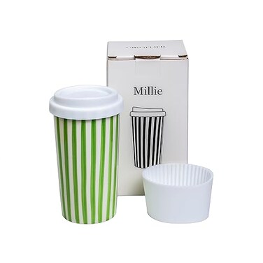 GIROFLIER Ceramic Travel Mug with Lid 12 oz Aesthetic Coffee Cup Minimalist Reusable Coffee Mug for Women Men Microwave Dishwasher Safe Fits Car Cup Holder Green