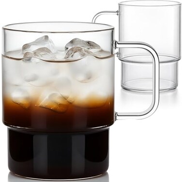 Aquach 18oz Stackable Glass Mugs with Handle Set of 2 Large Clear Coffee Cups for Latte Cappuccino Mocha Americano and Tea
