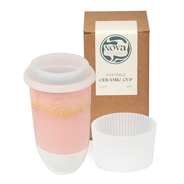 NOVA CERAMICS Travel Mug On the Go Coffee Mug Microwave Dishwasher Safe Green Tumbler Gifts For Women Men 16oz Afterglow