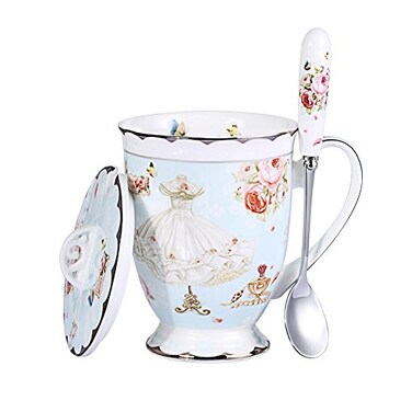 Eplze YBK Tech Euro Style Porcelain Tea Cup Coffee Mug with Lid for Breakfast Home Kitchen Butterflies Pattern Blue