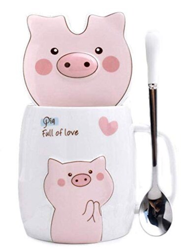 123Arts Ceramic Pig Coffee Mug Water Tea Cup With Lid Spoon