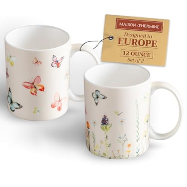 Maison d' Maison d Hermine Coffee Mug with Handles Fine Bone China Mugs Pack of Two Tea Cups for Hot Beverages Cappuccino Latte Home Restaurant Hotel Spring Summer Botanical Fresh Pack of 2 12 Ounce