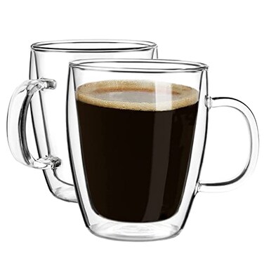YUNCANG Double Wall Insulated Coffee Mugs 16 Ounces Clear Glass Cappuccino Latte Cups Heat Resistant