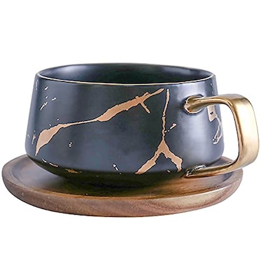LUCCK 12oz Ceramic Marble Tea Cup with Wooden Saucer Ceramic Coffee Cup Cappuccino Cup Luxury Gold Inlay Fashion Marble Pattern for WomenBlack