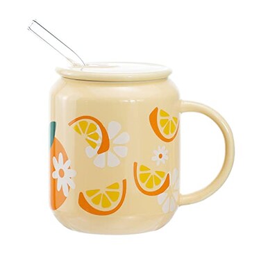 Sizikato Porcelain Mug with Lid and Straw 13 Oz Water Cup with Handle Cute Orange Pattern
