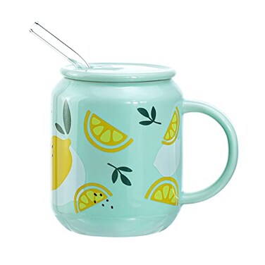 Sizikato Porcelain Mug with Lid and Straw 13 Oz Water Cup with Handle Cute Lemon Pattern