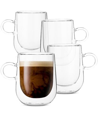 Brew To BTaT Double Walled Glass Coffee Mugs 8 oz Set of 4 Glass Coffee Cups with Handle Insulated Clear Coffee Mug for Hot and Cold Beverages Cappuccino Latte Tea Americano Microwave Safe