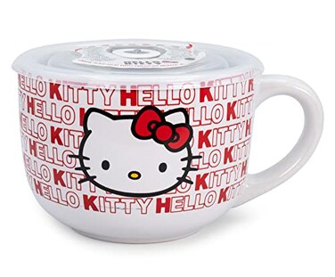 Silver Buffalo Sanrio Hello Kitty Red Ceramic Soup Mug With Vented Lid Bowl Container For Ice Cream Cereal Oatmeal Large Coffee Mugs and Cups Home Kitchen Essentials Cute Kawaii Gifts Holds 24 Ounces