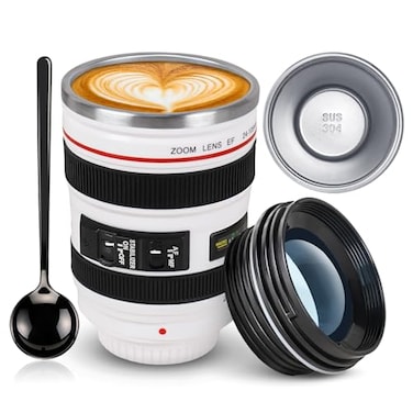 PhantAccy Camera Lens Coffee Mug Leakproof 135oz SUS304 Stainless Steel Travel Mug with Spoon BPAFree Lid for TeaWaterCoffee and More White