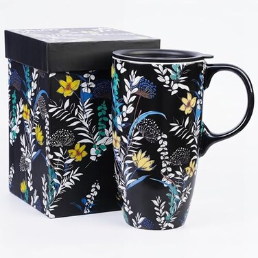 DUSVALLY 17oz Ceramic Travel Coffee Mug with Lid Black Floral Large Coffee Cup Microwave Dishwasher Safe Gift Box Included