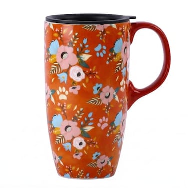 Topadorn 17oz Ceramic Coffee Mug with Lid Floral Travel Mug Orange Tall Coffee Cup LeadFree Microwave Dishwasher Safe Mug for Home Office Car Use Animal Lovers Gift