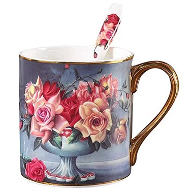 YBK Tech Bone China Porcelain Tea Cup 12oz Coffee Mug for Home Kitchen Office Vintage Rose Pattern Gray