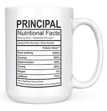 Artisan Owl Principal Mug 15 oz Large Funny Principal Tea Coffee Cup with Nutritional Facts Label Principal Office Decor Appreciation Retirement Gift