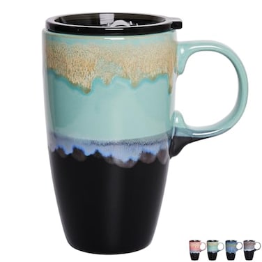 Bosmarlin Ceramic Travel Coffeel Mug with Handle and Lid 18 oz Portable Coffee Cup for Car Cup Holder Microwave and Dishwasher Safe Reactive Glaze Pastel Blue