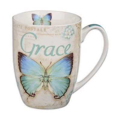 Christian Art Gifts Botanic Blue Butterfly Ceramic Coffee Mug Inspirational Coffee Cup for Women Men 12 oz Leadfree Microwave and Dishwasher Safe Coffee Mug with Bible Verse Grace Eph 28