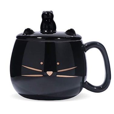 Koolkatkoo Cute Cat Coffee Mug With Cell Phone Holder Lid Unique Ceramic Tea Porcelain Cup for Cat Lovers Gold Black Gift for Women