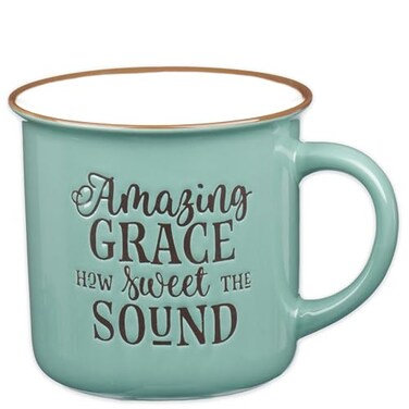 Christian Art Gifts Mint Green Camp Style Ceramic Coffee Mug 13 oz Microwave and Dishwasher Safe Novelty Drinkware Inspirational Scripture Coffee and Tea Mug with Worship Hymn Song Amazing Grace