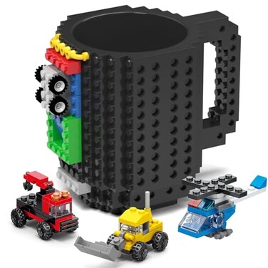 DAYMOO Buildon Brick Mug Set with 3 Random Packs of 2in1 Bricks Cool Coffee Mugs for Kids Creative Novelty Funny Coffee Mug Cup Gift for Kids Men Dad Adults Women Xmas Christmas Black