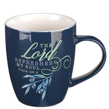 Christian Art Gifts Navy Ceramic Coffee Mug with Olive Branch 13 oz Microwavesafe Inspirational Scripture Coffee Tea Mug for Men Women with Bible Verse The Lord Refreshes My Soul Psalm 233
