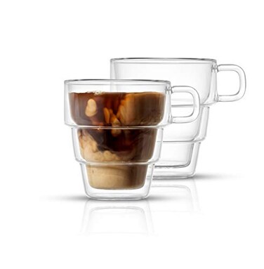 JoyJolt Pila Double Wall Insulated Coffee Mugs 10 oz Double Walled Insulated Glasses Coffee Mug With Handle Stackable Sleek Modern Design Set of 2