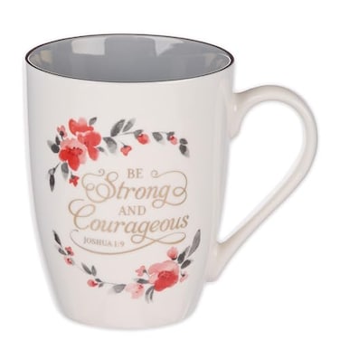 Christian Art Gifts Encouraging Coffee Tea Ceramic Scripture Mug for Women Strong Courageous Golden Inspirational Bible Verse Cute Novelty Nontoxic Drinkware WhiteGray Pink Floral 12 oz
