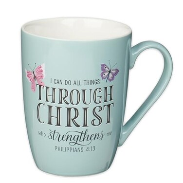 Christian Art Gifts Inspirational MicrowaveDishwasher Safe Ceramic Coffee Tea Scripture Mug for Women All Things Through Christ Encouraging Bible Verse Cute Butterflies Light BlueWhite 12 oz