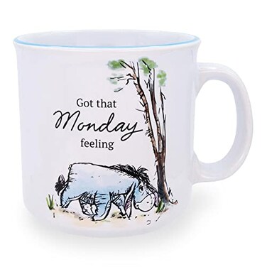 Silver Buffalo Disney Winnie the Pooh Eeyore Monday Feeling Ceramic Camper Mug BPAFree Travel Coffee Cup For Espresso Caffeine Cocoa Home Kitchen Essential Cute Gifts and Collectibles Holds 20 Ounces